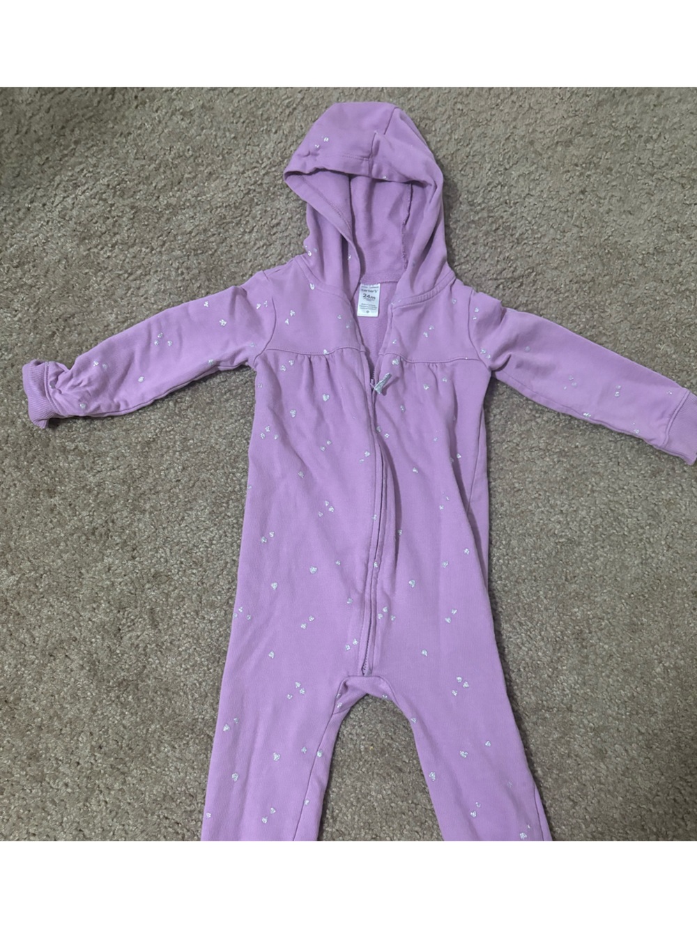 Carters Lilac Baby Footed Zipper Onesie with Silver Heart Accents